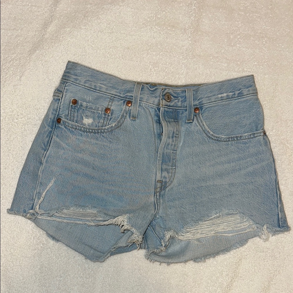 Levi's Blue High-Waisted Jean Shorts Distressed